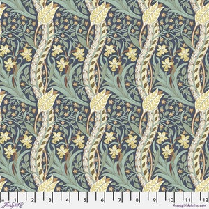 Floral fabric by half yard, daffodil cotton, flower quilting cotton, blue floral blender quilting fabric, Free spirit blue sewing fabric
