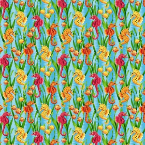 Sea horse fabric by half yard, ocean fabric, printed quilting cotton, sea quilting fabric, coral reef sewing fabric, fish cotton, beach