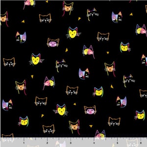 Cat fabric by half yard, black cat printed quilting cotton, cats quilting fabric, cat sewing fabric, cat head cotton fabric, kids fabric