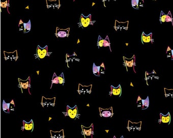 Cat fabric by half yard, black cat printed quilting cotton, cats quilting fabric, cat sewing fabric, cat head cotton fabric, kids fabric