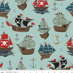 Pirate blue fabric by half yard, pirate fabric, printed quilting cotton, pirate ship quilting fabric, pirate sewing fabric, kids fabric