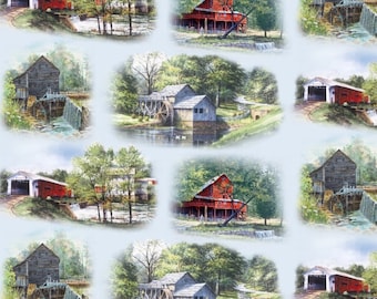 Farm fabric by half yard, barn fabric, printed quilting cotton, barn quilting fabric, nature sewing fabric, homestead sewing fabric