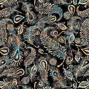 May include: A black background with a repeating pattern of gold and teal stylized feathers and paisley shapes.