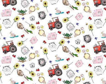 Pig fabric by half yard, tractor printed quilting cotton, animal quilting fabric, sheep sewing fabric, cow cotton fabric, kids fabric