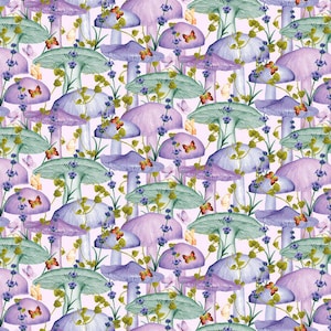 Mushroom fabric by half yard, mushroom cotton, purple mushroom quilting cotton, lilac mushroom quilting fabric, nature sewing fabric