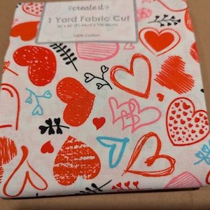 Heart fabric by the yard, love fabric, heart printed quilting cotton, Valentine&#39;s quilting fabric, pink heart sewing fabric, 1 yard pre cut