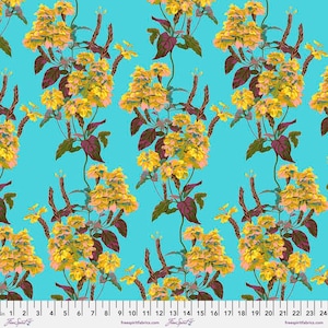 May include: A seamless fabric pattern featuring yellow and pink flowers with green leaves on a turquoise background.