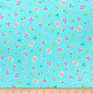 Floral fabric by half yard, flower cotton, blue quilting cotton, garden quilting fabric, blue sewing fabric, Around Oz summer fabric