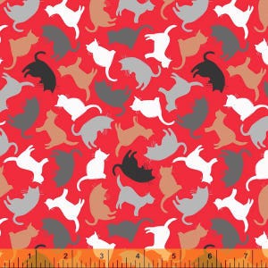 Cat fabric by half yard, red cat printed quilting cotton, cat quilting fabric, cat silhouette sewing fabric, Windham cat cotton fabric, kids