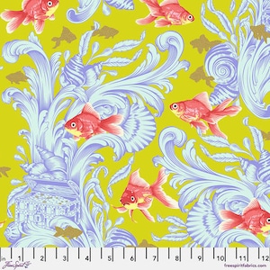 Besties fabric by half yard, Tula Pink Treading Water Clover quilting cotton, Free Spirit goldfish quilting fabric, fish metallic fabric