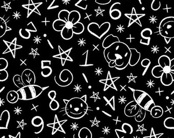 Math fabric by half yard, children cotton, learning quilting cotton, drawing quilting fabric, Doodles  sewing fabric, back to school fabric