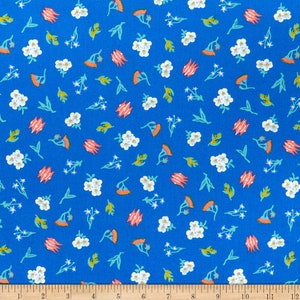 Floral fabric by half yard, flower cotton, blue quilting cotton, garden quilting fabric, blue sewing fabric, Around Oz summer fabric
