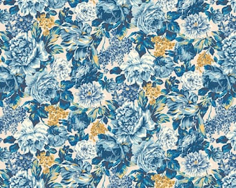 Tissu floral par demi-cour, tissu bleu, coton matelassé imprimé, tissu matelassé fleuri, tissu à coudre floral, coton floral, tissu nature