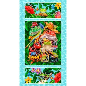 May include: A colorful fabric panel with a repeating pattern of frogs and tropical flowers. The panel features a group of frogs in various colors and poses, including green, red, yellow, and blue. The frogs are surrounded by lush green leaves and vibrant flowers, creating a tropical and whimsical design.