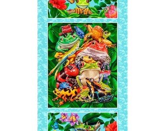 Frog quilting panel, bright panel, printed quilting cotton, frog quilting fabric, colourful sewing fabric, tropical frog panel, summer panel
