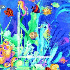 Sea horse fabric by half yard, ocean fabric, printed quilting cotton, sea quilting fabric, fish sewing fabric, shell cotton, coral fabric