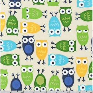 Owl fabric by half yard, forest cotton, large bird quilting cotton, bright owl quilting fabric, kids sewing fabric, blue owl fabric