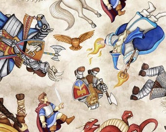 Dragon fabric by half yard, knight quilting cotton, dragon quilting fabric, dragon and knight sewing fabric, kids, Dragon Quest