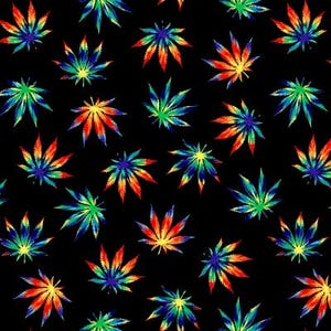 Tecido de algodão para patchwork Windham Psychedelic Leaves Cannabis, vendido por meio metro, estampa de folha de maconha.