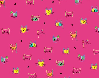 Cat fabric by half yard, pink cat printed quilting cotton, cats quilting fabric, cat sewing fabric, cat head cotton fabric, kids fabric