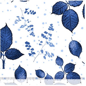 Blue floral fabric by half yard, leaf cotton, turquoise leaves quilting cotton, blue leaves quilting fabric, blue garden sewing fabric