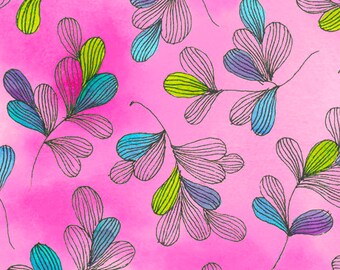 Pink floral fabric by half yard, leaf cotton, pink leaves quilting cotton, bright leaves quilting fabric, bright garden sewing fabric