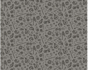 May include: A gray and white fabric with a repeating pattern of various fishing-themed illustrations, including fish, fishing rods, nets, buckets, and bicycles.