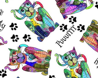 Cat fabric by half yard, bright cat printed quilting cotton, cats quilting fabric, cat sewing fabric, Quilting Treasures cat cotton fabric