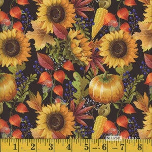 Autumn flowers fabric by half yard, fall cotton, sunflower quilting cotton, nature quilting fabric, bright fall sewing fabric, harvest