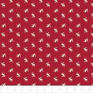 May include: Red fabric with a repeating pattern of white stylised reindeer silhouettes.
