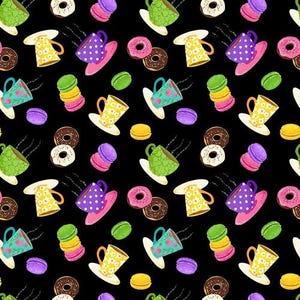 Coffee cup fabric by half yard, donut print fabric, macaroon quilting cotton, sweet treat quilting fabric, food sewing fabric Blank Quilting