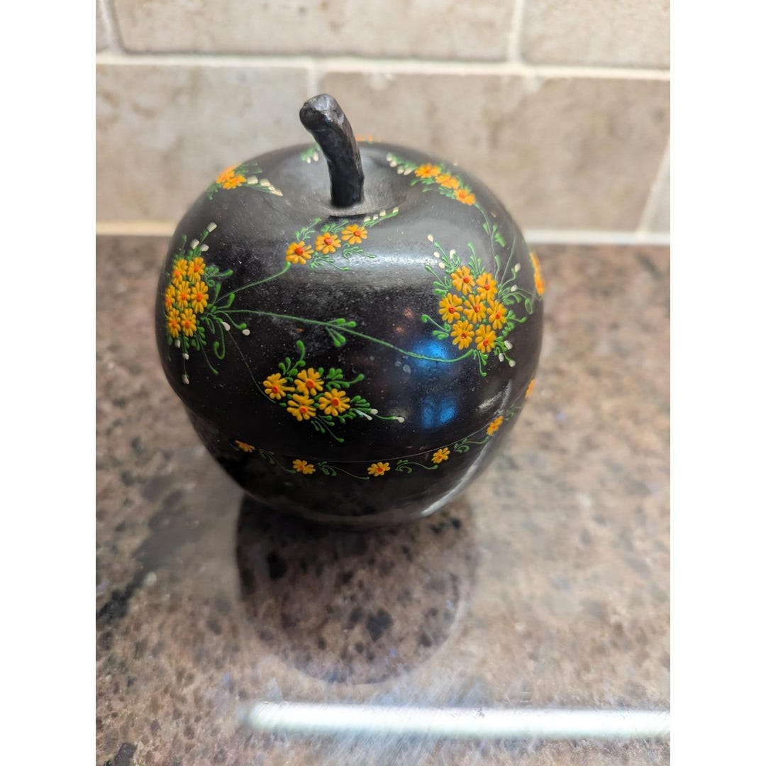 Vintage Laquered Teak Wood Trinket Jewellery Box Apple Decorative