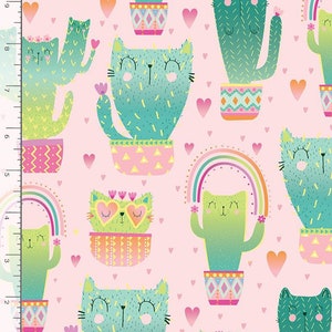 Tessuto con gatti a mezzo metro, cotone per trapuntatura stampato con cactus, tessuto per trapuntatura con gatti, tessuto per cucire con gatti, tessuto di cotone con cactus e gatti, pianta di gatto, bambini