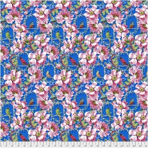 Bird fabric by half yard, flower cotton, bird quilting cotton, floral sewing fabric, flower fabric, Free Spirit blue garden fabric