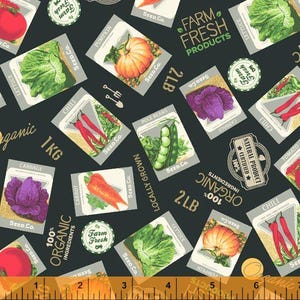 Veggie fabric by half yard, vegetables cotton, tomato quilting cotton, Windham Certified Delicious sewing fabric, food fabric, seeds