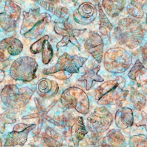 Shell fabric by half yard, ocean fabric, printed quilting cotton, sea quilting fabric, sea shells sewing fabric, shell cotton, oceana