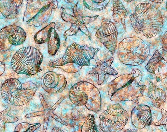 Shell fabric by half yard, ocean fabric, printed quilting cotton, sea quilting fabric, sea shells sewing fabric, shell cotton, oceana