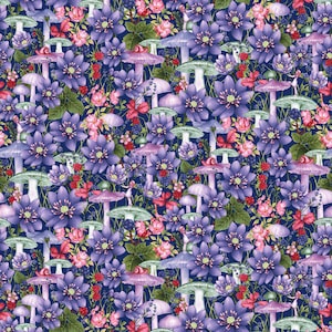 Garden fabric by half yard, mushroom cotton, purple mushroom quilting cotton, snail quilting fabric, nature sewing fabric, floral fabric