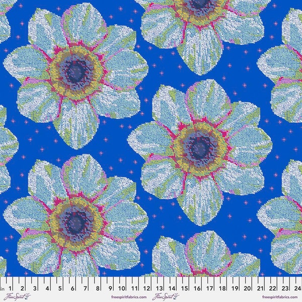 Flower fabric by half yard, large floral quilting cotton, Patras Aegean quilting fabric, Free spirit blue sewing fabric, Anna Maria Horner