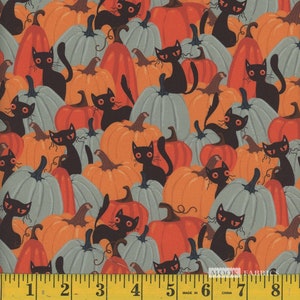 Halloween fabric by half yard, black cat printed quilting cotton, Halloween quilting fabric, spooky sewing fabric, pumpkin Halloween fabric