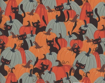Tissu d'Halloween d'un demi-mètre, coton à courtepointe imprimé chats noirs, tissu de courtepointe d'Halloween, tissu à coudre effrayant, tissu d'Halloween citrouille
