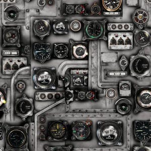 May include: A detailed, grayscale image of various vintage gauges and dials, likely from an aircraft or industrial control panel. The image features a variety of circular and rectangular instruments, with metallic frames and intricate details, creating a steampunk aesthetic.
