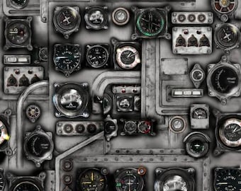 Pilot fabric by half yard, airplane fabric, jet control panel printed quilting cotton, aviator quilting fabric, airplane sewing fabric
