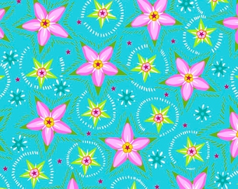 Flower fabric by half yard, blue floral quilting cotton, Nashville quilting fabric, Free spirit pink flower sewing fabric, Anna Maria Horner