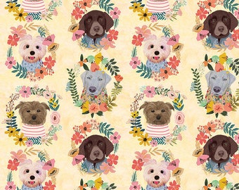May include: A seamless fabric pattern featuring a variety of dogs wearing floral wreaths on a light yellow background. The dogs are brown, gray, and white, and the wreaths are made of pink, yellow, and green flowers.