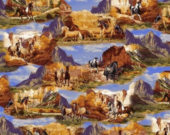May include: A seamless pattern featuring a repeating design of horses running through a desert landscape with red rock formations. The horses are brown, white, and black, and the background is a blue sky with white clouds.