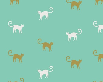 Cat fabric by half yard, cat silhouette printed quilting cotton, cat quilting fabric, green cat sewing fabric, Art Gallery cat cotton fabric