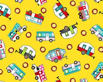Camper fabric by half yard, camper cotton, holiday quilting cotton, novelty quilting fabric, trailer sewing fabric, camper print fabric