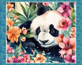 Panda quilting panel, panda panel, printed quilting cotton, panda quilting fabric, panda sewing fabric, animal fabric, colourful panda panel