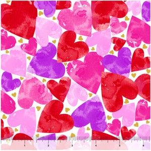 Heart fabric by half yard, love fabric, heart printed quilting cotton, Valentine&#39;s quilting fabric, pink heart sewing fabric